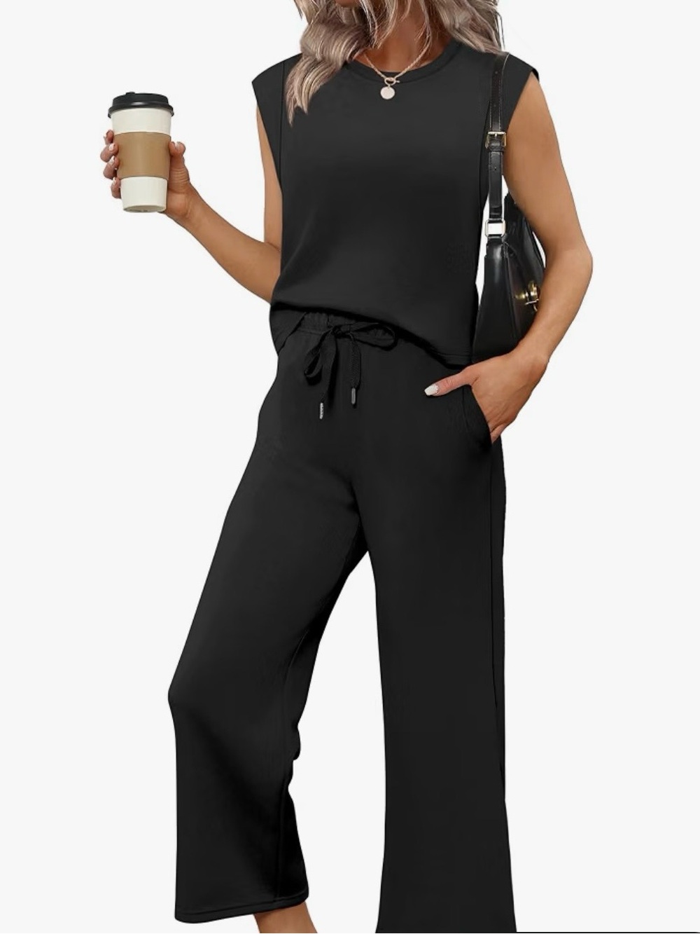 Two Piece Sleeveless Black Wide Leg Crop Pant Lounge Travel Vacation Set